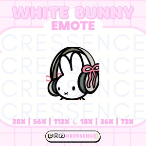 Könnte beinhalten: Ein weißes Kaninchen mit Kopfhörern und einer rosa Schleife. Das Kaninchen schaut nach rechts. Das Bild ist umgeben vom Text "CRESSENCE" in verschiedenen Größen. Der Text "WHITE BUNNY EMOTE" befindet sich oben im Bild. Der Text "28X | 56X | 112X | 18X | 36X | 72X" befindet sich unter dem Kaninchen. Der Text "CR3SSENCE" befindet sich unten im Bild.
