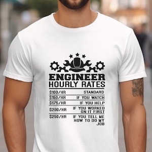 May include: White t-shirt with black text that reads "ENGINEER HOURLY RATES" and a list of hourly rates with corresponding descriptions. The descriptions include "STANDARD", "IF YOU WATCH", "IF YOU HELP", "IF YOU WORKED ON IT FIRST", and "IF YOU TELL ME HOW TO DO MY JOB".