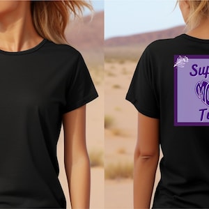 May include: Black t-shirt with a purple graphic on the back that says "Super Mom Tees" with a heart shape around the word "Mom".