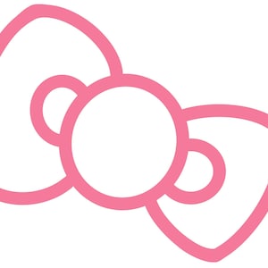 May include: A pink bow outline on a white background. The bow has a circular center with two loops on either side and two larger loops on the top and bottom. The design is simple and graphic.