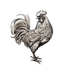 May include: A black and white illustration of a rooster with intricate swirling patterns on its feathers.