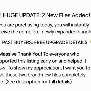 May include: A digital announcement graphic with black text on a white background. It reads: HUGE UPDATE: 2 New Files Added! If you are purchasing today, you will instantly receive the complete, newly expanded bundle! PAST BUYERS: FREE UPGRADE DETAILS.