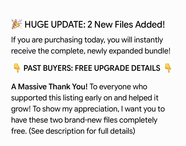 May include: A digital announcement graphic with black text on a white background. It reads: HUGE UPDATE: 2 New Files Added! If you are purchasing today, you will instantly receive the complete, newly expanded bundle! PAST BUYERS: FREE UPGRADE DETAILS.