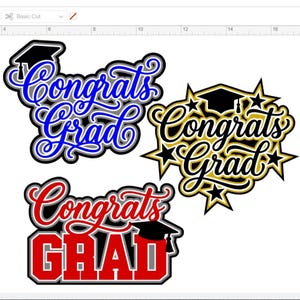 Könnte beinhalten: Drei Designs zum Thema Abschlussfeier mit den Worten "Congrats Grad". Ein Design ist blau, weiß und grau, ein anderes ist schwarz, gold und weiß, und das dritte ist rot, grau und schwarz. Jedes Design enthält eine Abschlusskappe.
