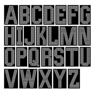 May include: A complete set of uppercase English alphabet letters from A to Z, each character rendered in a bold, block-style font composed of small, white circular dots arranged in a grid pattern against a solid black rectangular background.