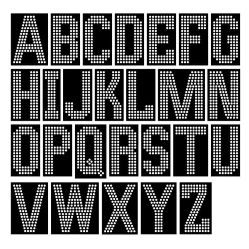 May include: A complete set of uppercase English alphabet letters from A to Z, each character rendered in a bold, block-style font composed of small, white circular dots arranged in a grid pattern against a solid black rectangular background.