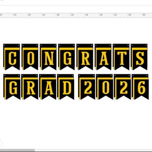 Könnte beinhalten: Ein schwarz-goldenes Banner mit der Aufschrift "CONGRATS GRAD 2026". Die goldenen Buchstaben heben sich von einem schwarzen Hintergrund mit einem goldenen Rand ab. Dieses Banner ist für eine Abschlussfeier konzipiert, wobei das Jahr 2026 deutlich angezeigt wird.