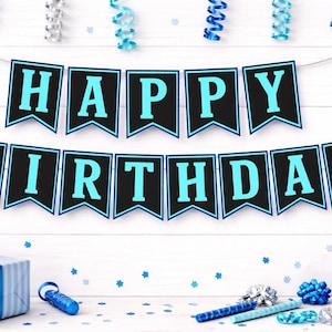 May include: A festive birthday banner with the words "HAPPY BIRTHDAY" in turquoise letters on black pennants. The scene includes a wrapped gift, party hats, and confetti, all in shades of blue, creating a celebratory atmosphere.