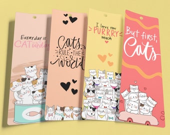 CUTE CATS 2.3x7" Printable Bookmarks Set Of 4 - Instant Download Cat Lovers Themed Bookmarks, Cute, PDF Print And Cut