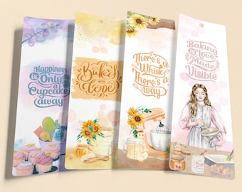BAKERS 2.3x7" Printable Bookmarks Set Of 4 - Instant Download Baking Themed Bookmarks, Quotes, Sweets PDF Print And Cut