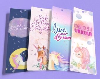 UNICORN 2.3x7" Printable Bookmarks Set Of 4 - Instant download Bookmark for kids, Magic, Quotes, PDF Print And Cut