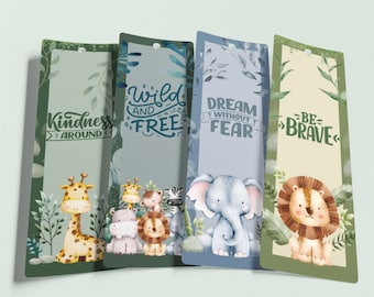 ZOO ANIMALS 2.3x7" Printable Bookmarks Set Of 4 - Instant Download Bookmark for Kids, Safari animals, Quotes, PDF Print And Cut