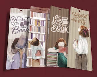 BOOKWORM 2.3x7" Printable Bookmarks Set Of 4 - Instant Download Reading Themed Bookmarks, Library, PDF Print And Cut