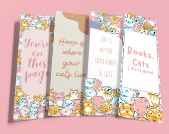 CATS & BOOKS 2.3x7” Printable Bookmarks Set Of 4 - Bookmarks for Cat Lovers, Reading Quotes, PDF Print And Cut - Instant Download