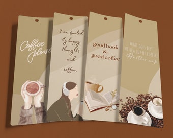 COFFEE 2.3x7” Printable Bookmarks Set Of 4 - Bookmarks for Coffee Lovers, Quotes, Minimalism, aesthetic PDF Print And Cut - Instant Download