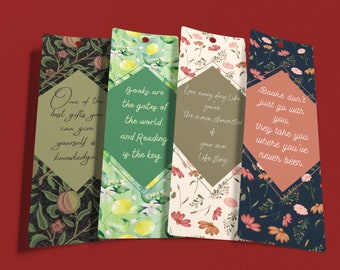 BOOK LOVERS 2.3x7" Printable Bookmarks Set Of 4 - Instant Download Book Themed Bookmarks, Quotes, Floral, PDF Print And Cut