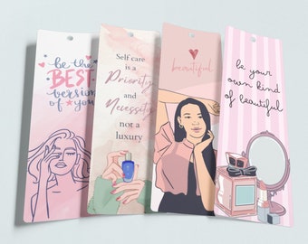SELF CARE 2.3x7" Printable Bookmarks Set Of 4 -Instant Download Beauty Themed Bookmarks, make-up, beauty quotes  PDF Print And Cut