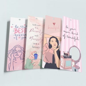 SELF CARE 2.3x7&quot; Printable Bookmarks Set Of 4 -Instant Download Beauty Themed Bookmarks, make-up, beauty quotes  PDF Print And Cut