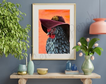May include: A painting of a blue and black chicken wearing a purple hat with a gold and purple flower embellishment. The background is a vibrant orange.