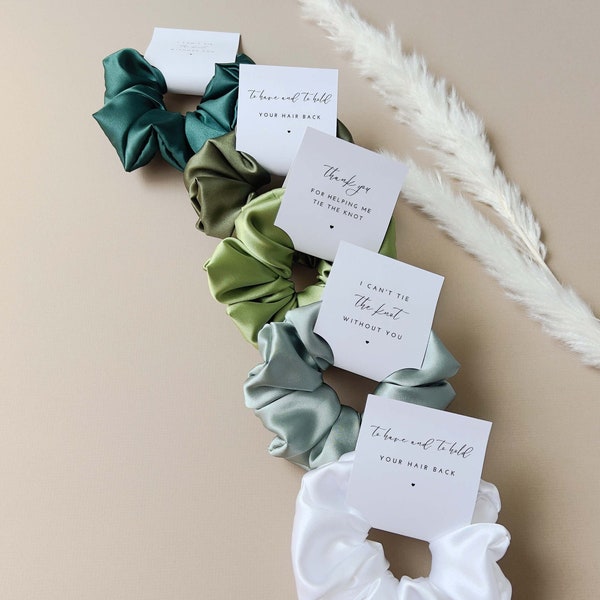 Bridesmaid Hair Scrunchies Bridesmaid Proposal Gifts Bridal Party Gifts Maid of Honor Proposal Gift Bachelorette Sage Green Tag Scrunchies