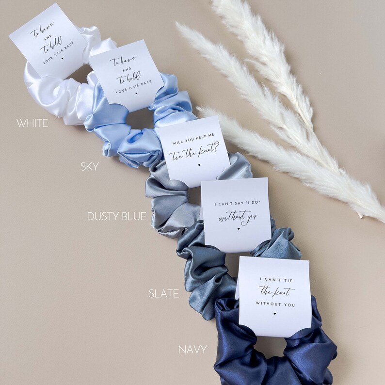 Bridesmaid Hair Scrunchies Sky Blue Bridesmaid Gift Pale Blue Bridesmaid Proposal Gift Box Tag Scrunchies Bridal Party Dusty Blue Wedding image 2