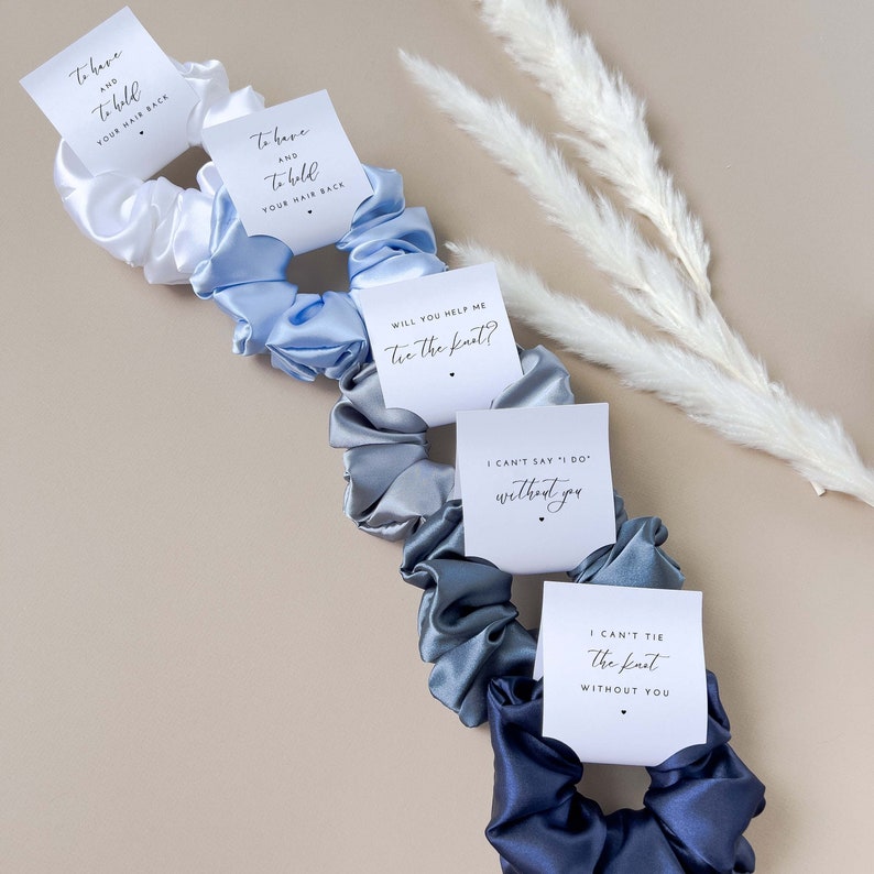 Bridesmaid Hair Scrunchies Sky Blue Bridesmaid Gift Pale Blue Bridesmaid Proposal Gift Box Tag Scrunchies Bridal Party Dusty Blue Wedding image 1