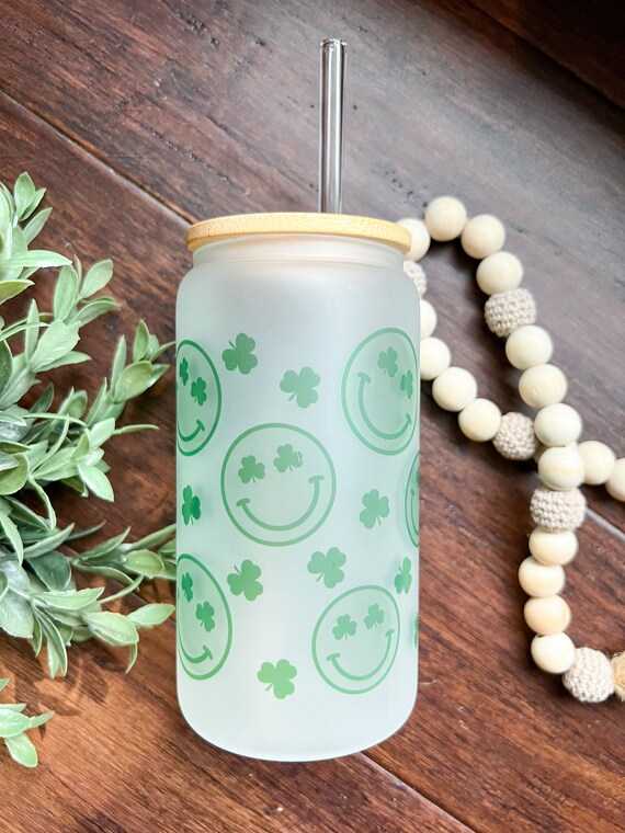 Happy St. Patricks Day 16oz. Frosted Glass Tumbler with Bamboo Lid
