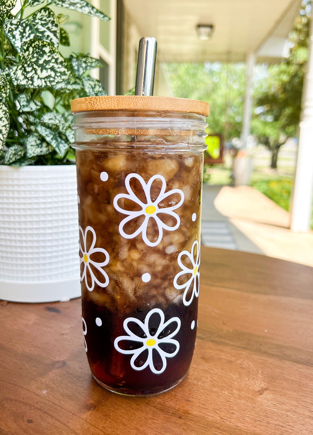 Mason Jar Cup & Lid Daisy Glass Cup Glass Tumbler Iced Etsy