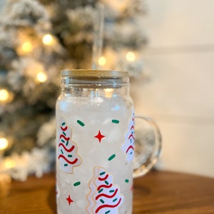 Christmas Tree Cake Glass Cup with Handle, Christmas Tree Cake, Tree Cakes, Christmas Cup, Christmas Tree Cake, Iced Coffee Cup, Gift