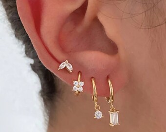 Pair Of Everyday Stunning Handmade 18K Gold Plated Dangly Drop Tiny Cubic Zirconia Mini Diamond Clear Crystal Huggie Sleeper Hoop Earrings