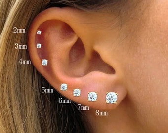 Cubic Zirconia  Stud Earrings for Women / 925 Sterling Silver Studs / 3mm 4mm 5mm 6mm 7mm 8mm Wide Earrings / Push Back Studs / 14k plated
