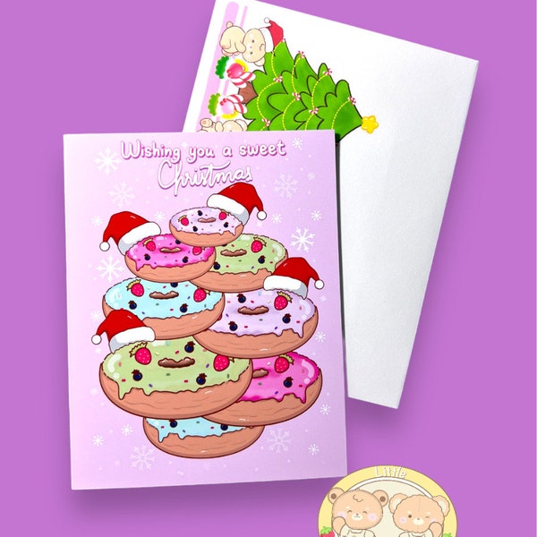 Wishing You A Sweet Christmas Card | Punny Xmas Card Donut Doughnut Lovers | Kawaii Christmas Greeting Card | Pun Christmas Card