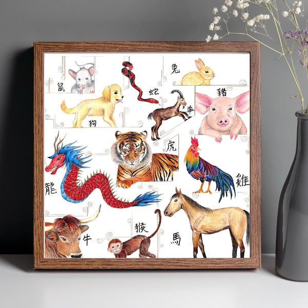 12 Chinese Zodiac Animals Digital Print |  Twelve Chinese Zodiac Signs Print | All Chinese Zodiac Symbols Wall Art | China Adoption Gift