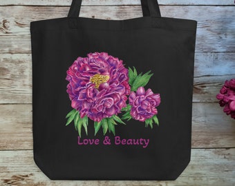 Purple Peonies Organic Cotton Tote Bag | Peony Spring Floral Tote| Eco Shopping Bag | Made to Order