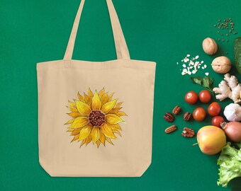 Sunflower Organic Cotton Tote bag with Original Watercolor | Spring Wildflower Tote | Sunshine Bag| Made to Order