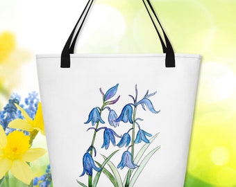 Large Bluebell Tote Bag with Original Watercolor Design | Spring Wildflower Tote | Beach Bag| Made to Order