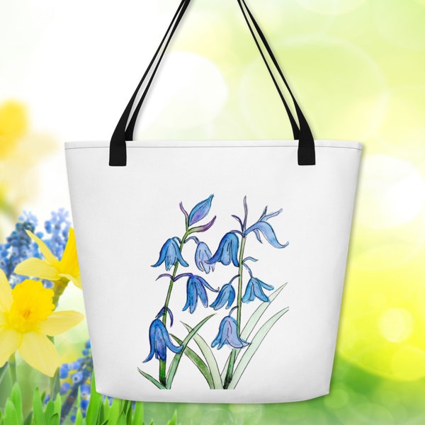 Grand sac fourre-tout Bluebell avec motif aquarelle original | Fourre-tout printanier à fleurs sauvages | Sac de plage | Sur commande