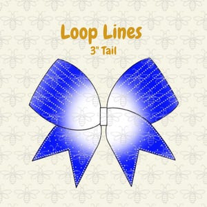 May include: A blue and white bow with a gradient design and dotted accents. The bow has a 3-inch tail and the words "Loop Lines" are displayed in orange. The background features a repeating pattern of bees.