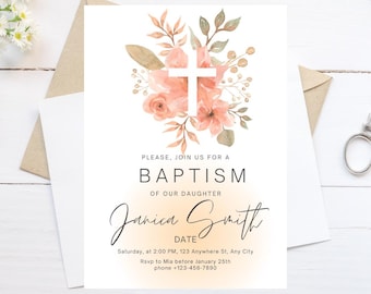 May include: A white card with a watercolour floral design in shades of peach and green. The design features a white cross in the centre. The text on the card reads "Please, join us for a Baptism of our daughter Janica Smith. Saturday, at 2:00 PM, 123 Anywhere St, Any City. Rsvp to Mia before January 25th. phone +123-456-7890"