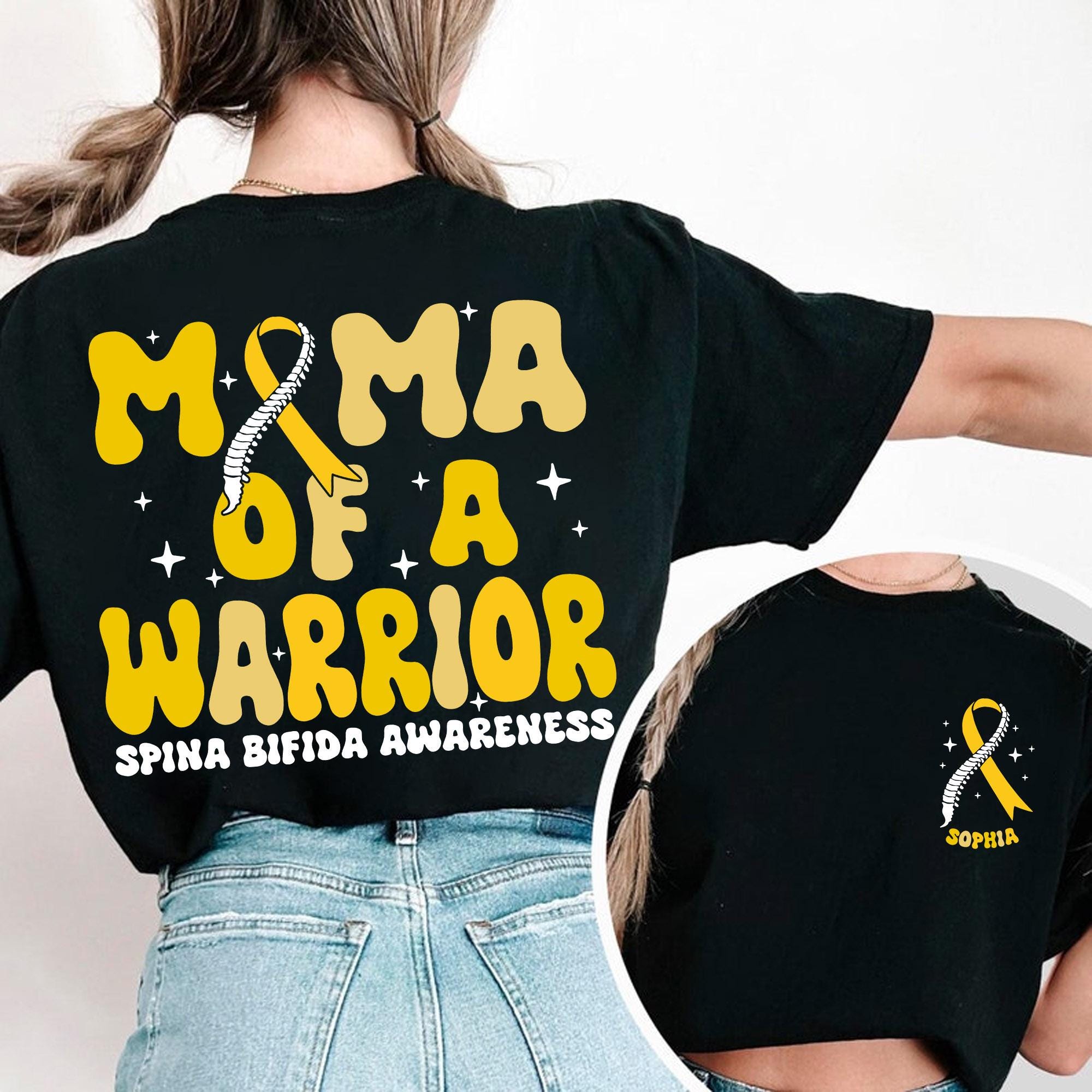Mama Of A Warrior Spina Bifida Awareness Shirtm, Custom Name Spina Bifida Awareness Shirt,Yellow Ribbon Shirt, Spina Bifida Warrior Shirt