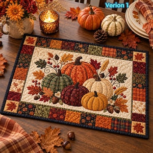 Quilted Pumpkin Fall Placemat, Rustic Patchwork Harvest Thanksgiving Table Mat Decor