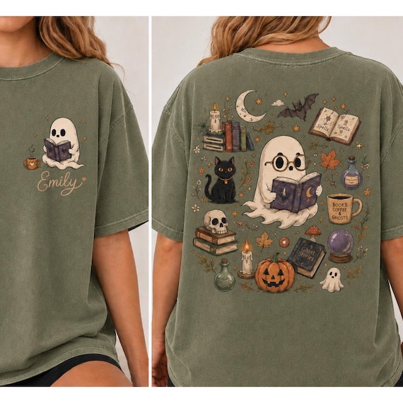 Comfort Colors Custom Ghost Reading Shirt, Bookish Halloween Tee, Cozy Spooky Season Shirt, Cute Ghost Coffee Top, Book Lover Halloween Gift