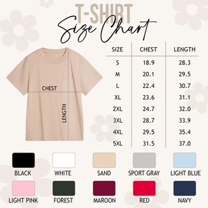 May include: A beige t-shirt with a size chart, displaying chest and length measurements in inches. The chart includes sizes S to 5XL, with color swatches for black, white, sand, sport gray, light blue, light pink, forest, maroon, red, and navy.