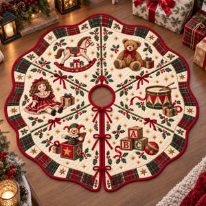May include: A round, quilted Christmas tree skirt featuring a cream-colored base with a red and green plaid border. The design includes illustrations of a rocking horse, a teddy bear, a doll, a drum, a jack-in-the-box, and alphabet blocks.