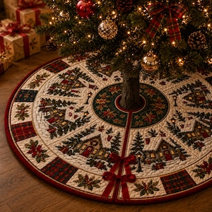 May include: A circular quilted Christmas tree skirt featuring a repeating pattern of snow-covered cottages, pine trees, and red poinsettias. The design includes dark green and red plaid accents, finished with a red border and two red ribbon bows.
