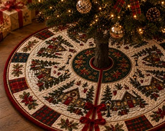 Christmas Tree Skirt Quilt, Snow House Quilted Tree Skirt, Red Gold Holiday Decor, Elegant Farmhouse Christmas Tree Mat Gift, Home Decor