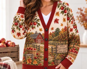 Autumn Harvest Cardigan, Apple Orchard Farmhouse Sweater, Cozy Cottagecore Fall Top, Vintage Countryside Knitwear, Fall Gift for Her