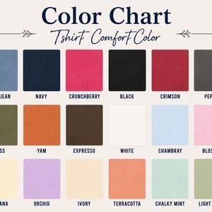 Puede incluir: Una carta de colores para camisetas Comfort Color con dieciocho muestras de color etiquetadas dispuestas en tres filas. Los colores incluyen blue jean, navy, crunchberry, black, crimson, pepper, moss, yam, expresso, white, chambray, blossom, banana, orchid, ivory, terracotta, chalky mint y light green.