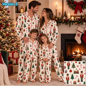May include: Matching long-sleeve button-down pajama sets in cream fabric with a festive print of nutcrackers, Christmas trees, gift boxes, and candy canes. Each shirt features a chest pocket with a name tag reading David, Sophia, Lucas, or Emily.