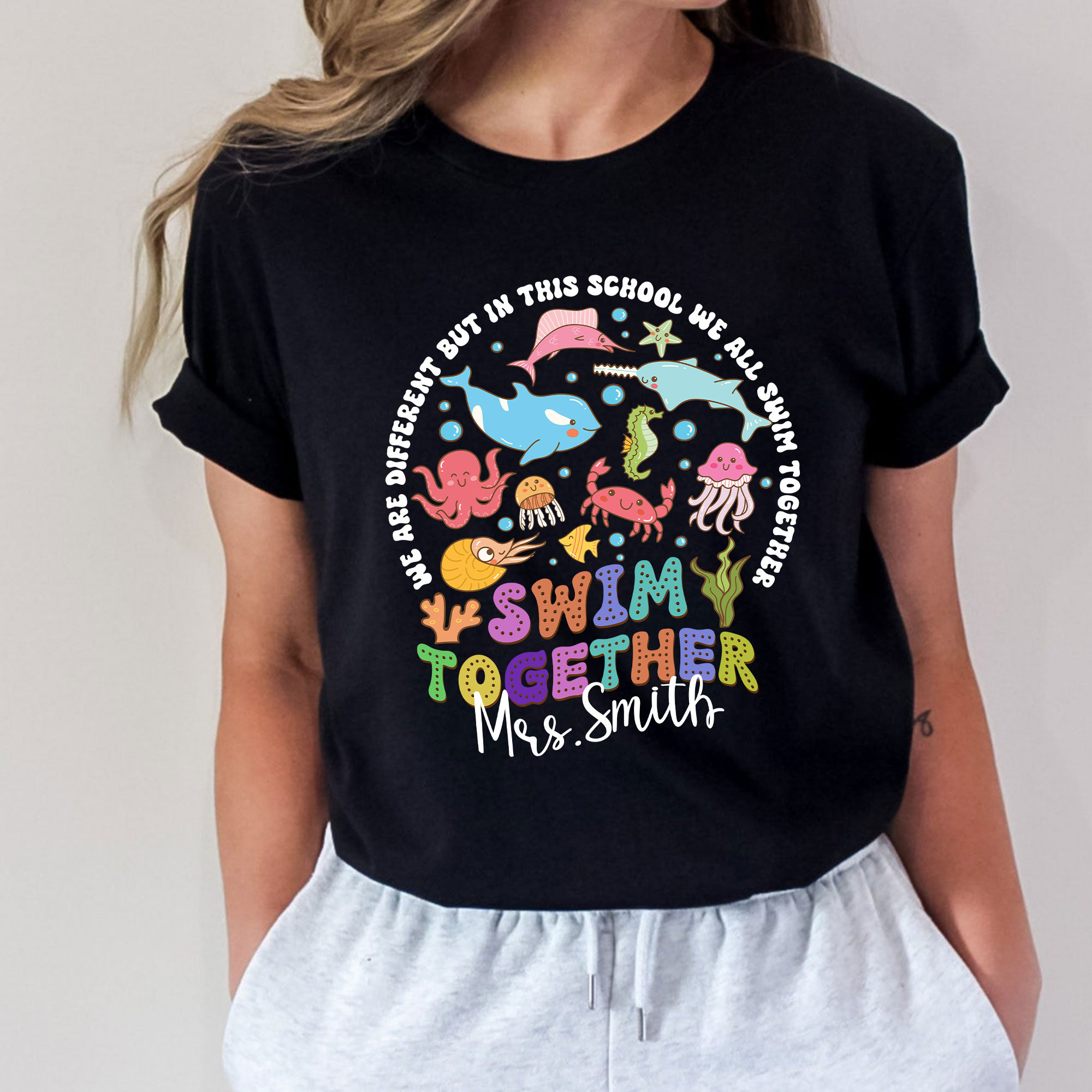 Personalized Ocean Teacher Shirt, We Are Different But In This School We All Swim Together Shirt, Underwater Sea Turtle, New Teacher Gift